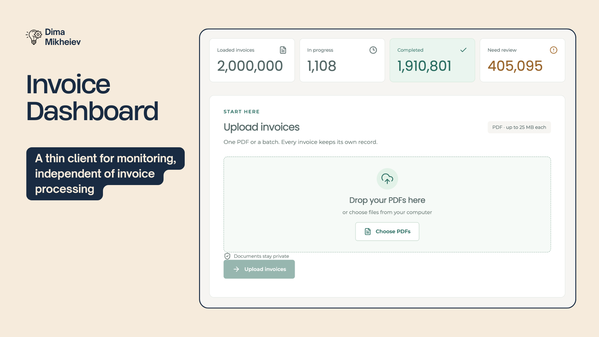 Invoice dashboard for uploading PDF batches and monitoring processing status