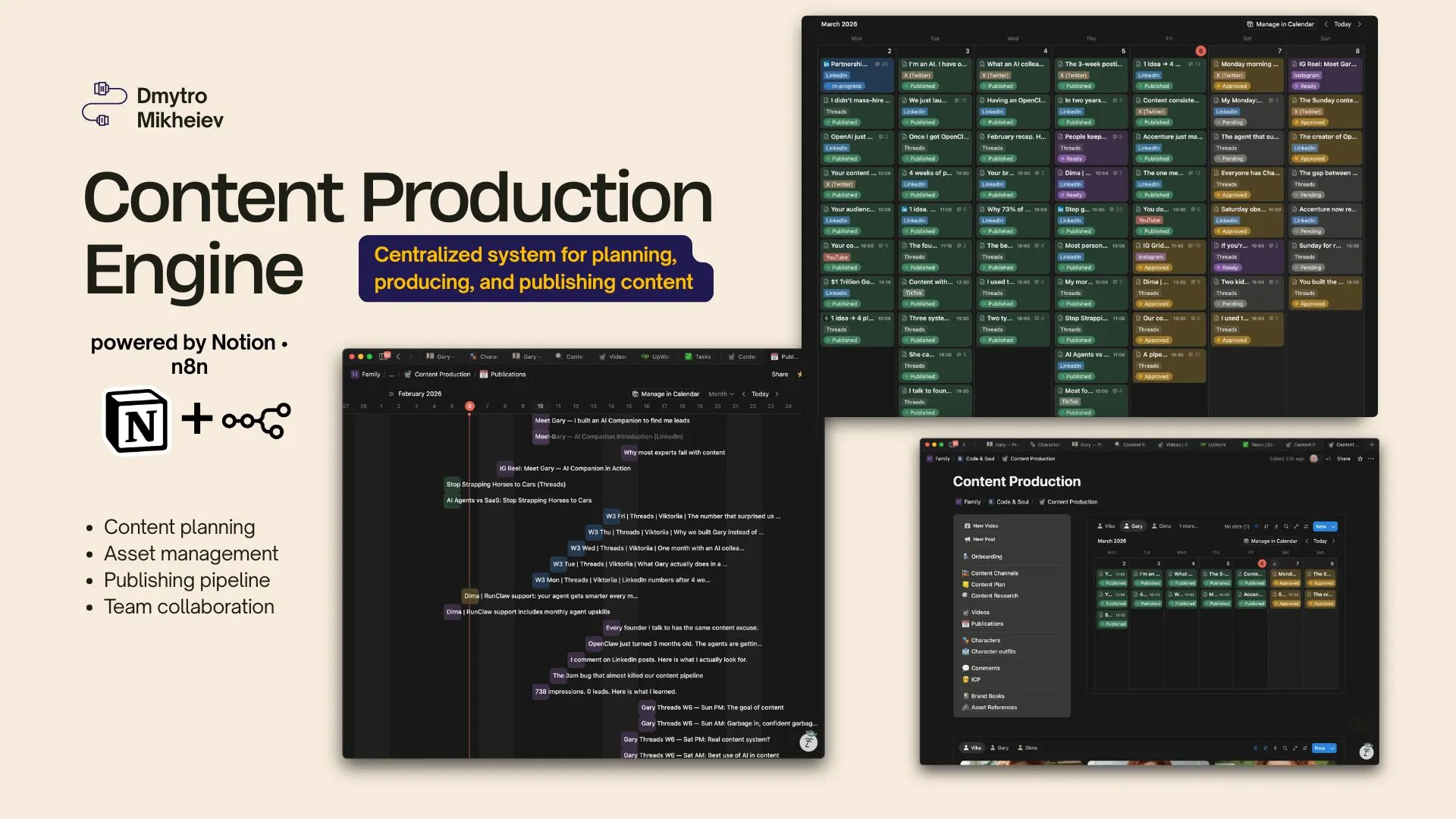 Notion publications calendar with statuses across platforms